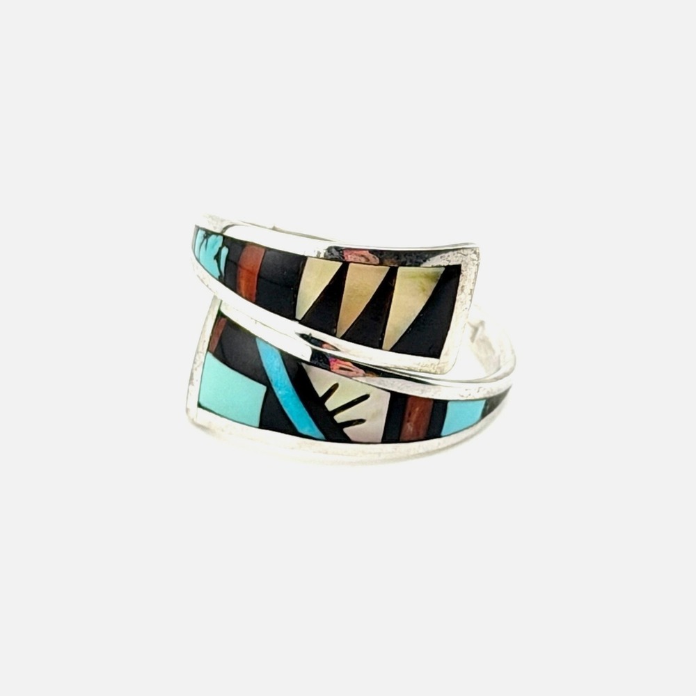 Zuni Sterling Silver Bypass Inlay Ring Native American Turquoise Handmade Sz 6-8